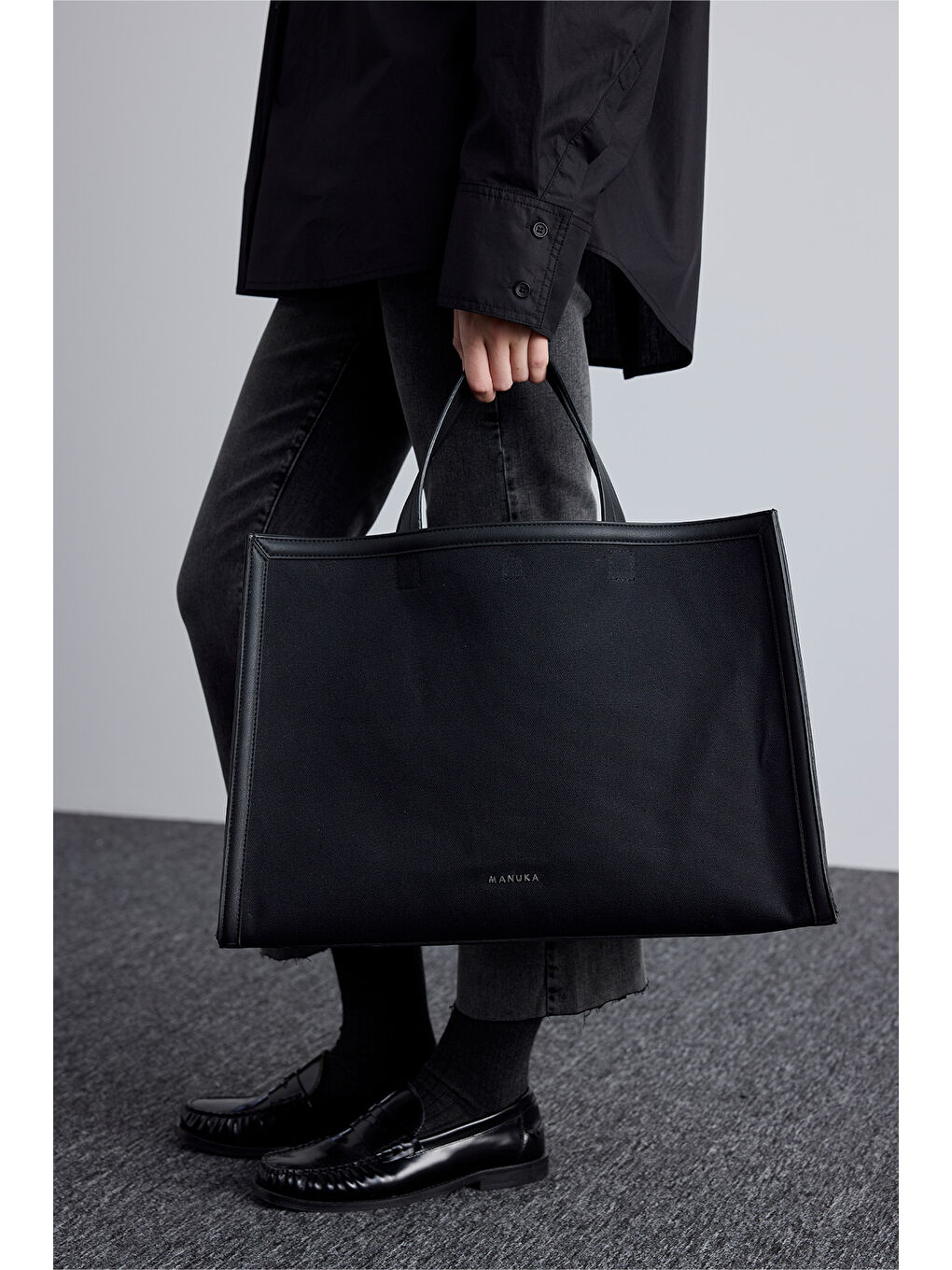 Kanvas Deri Detaylı Shopper Çanta Siyah-3