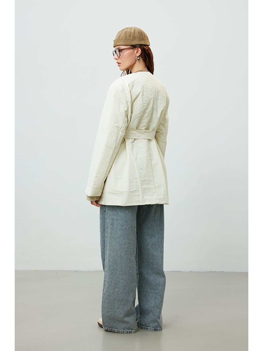 Bej Kimono Tarz Dolgulu Blazer Ceket Vanilya-2