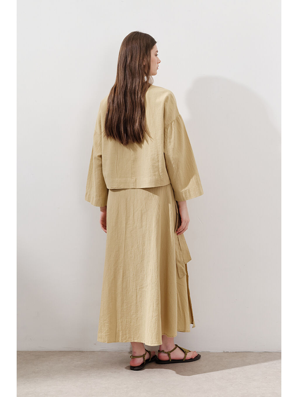 Pamuklu Geniş Kol Crop Bluz Sarı-6