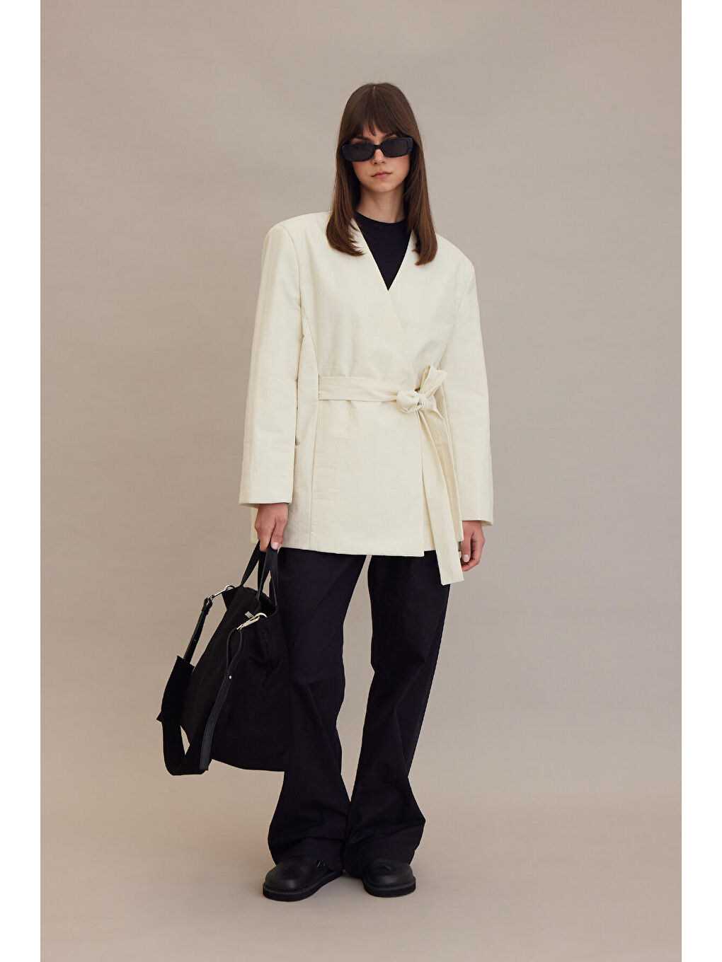 Bej Kimono Tarz Dolgulu Blazer Ceket Vanilya-4