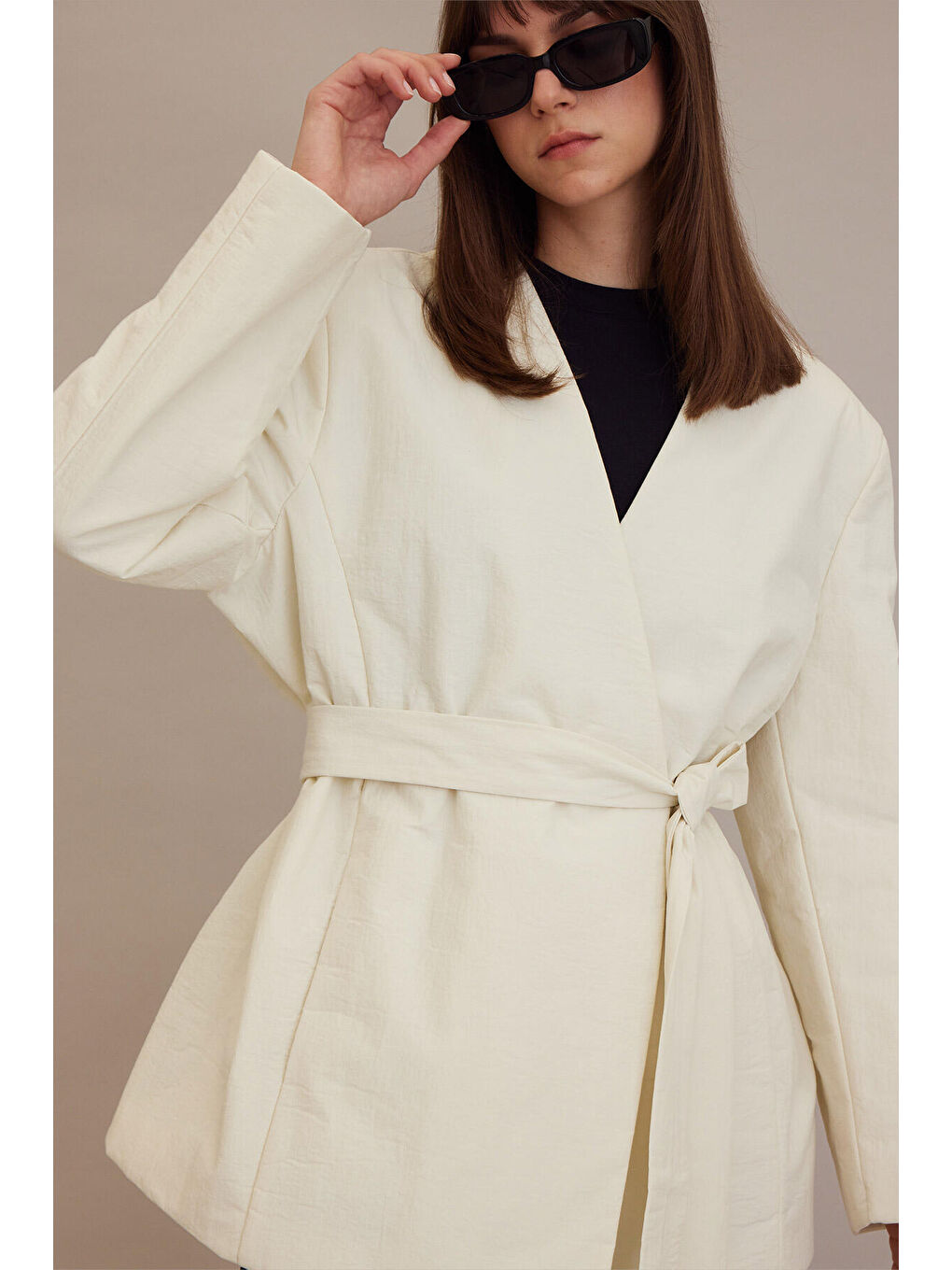 Bej Kimono Tarz Dolgulu Blazer Ceket Vanilya-5