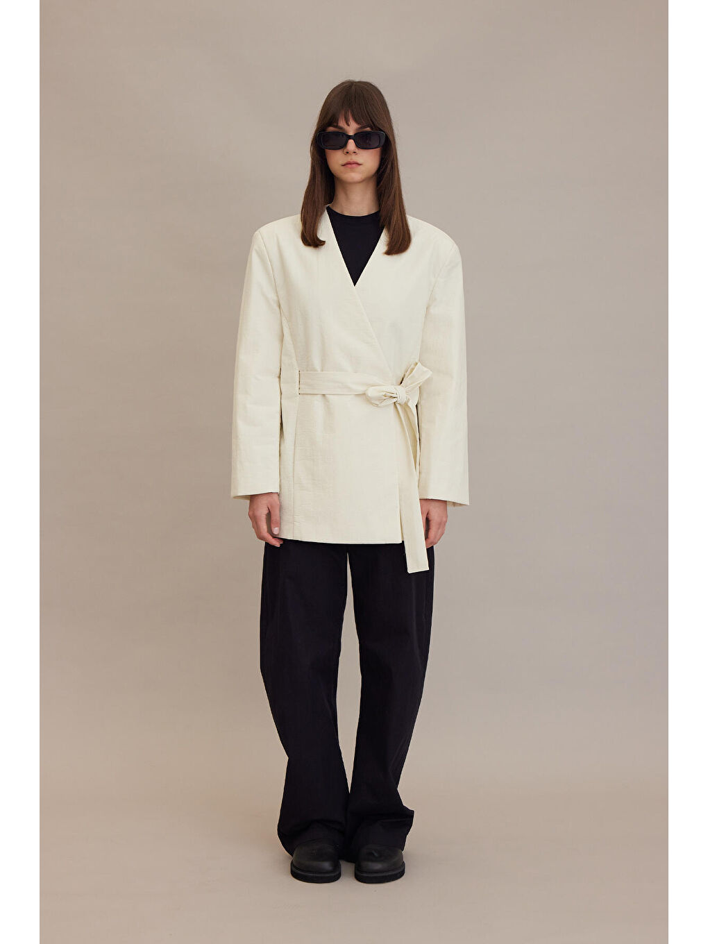 Bej Kimono Tarz Dolgulu Blazer Ceket Vanilya-6