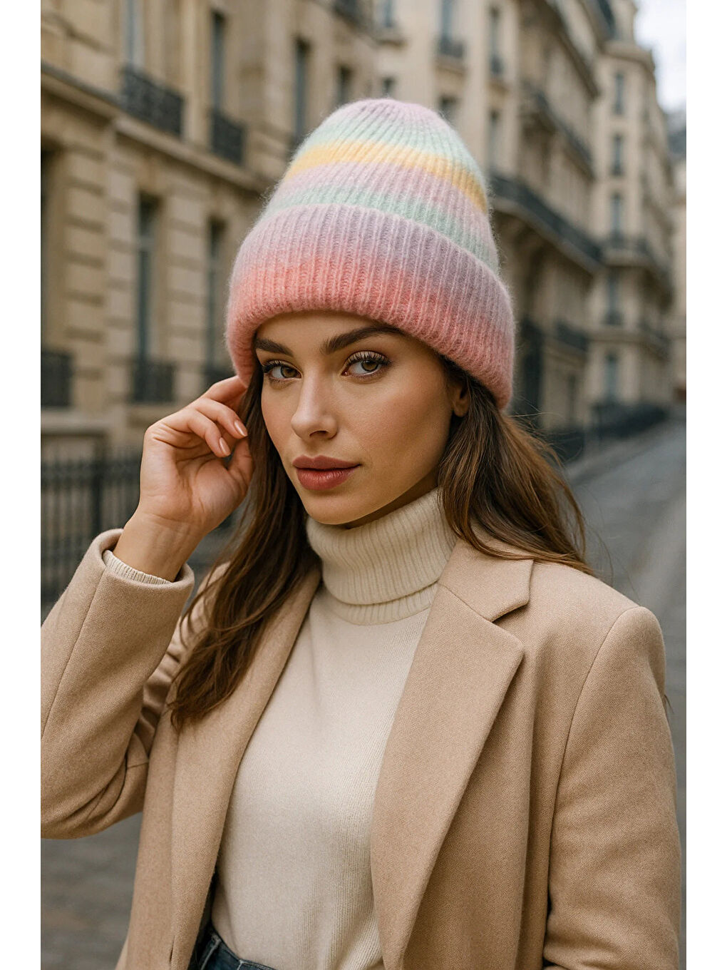 Pembe Renkli  Yüzde 100 Yün Ithal Renk Geçişli Bere Bere1132-1