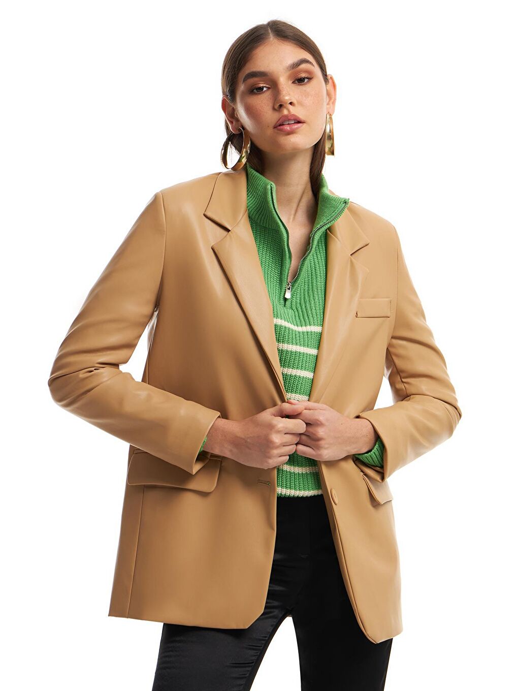 QUZU Camel-Bej Blazer Deri Ceket Camel