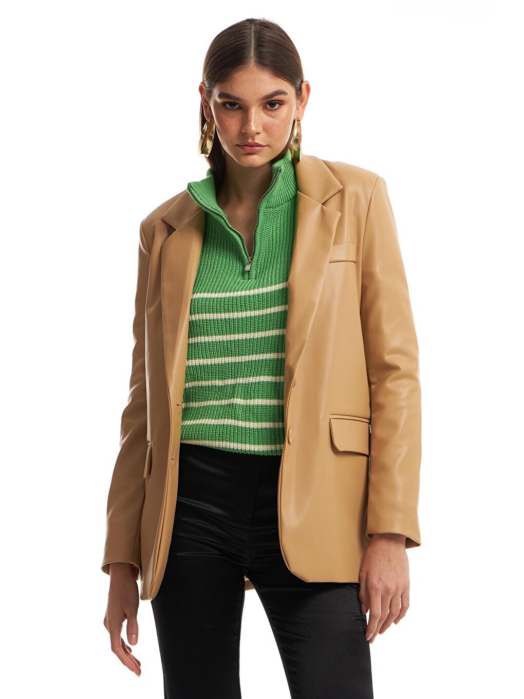 QUZU Camel-Bej Blazer Deri Ceket Camel - 2