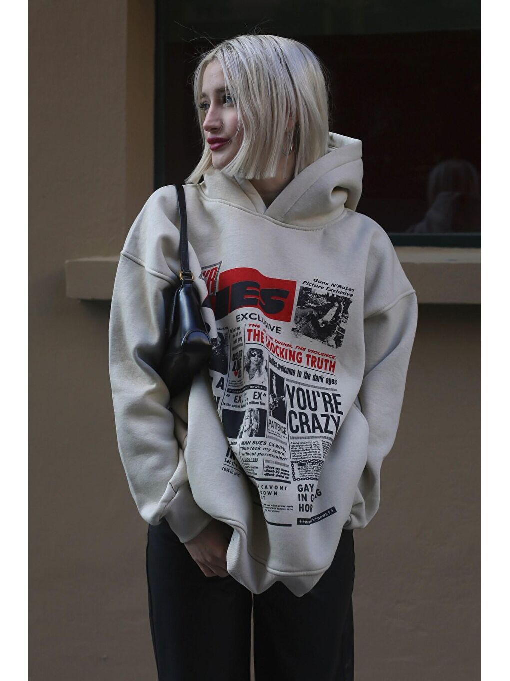 Madmext Bej Baskılı Oversize Kapüşonlu  Kadın Sweatshirt MG1581