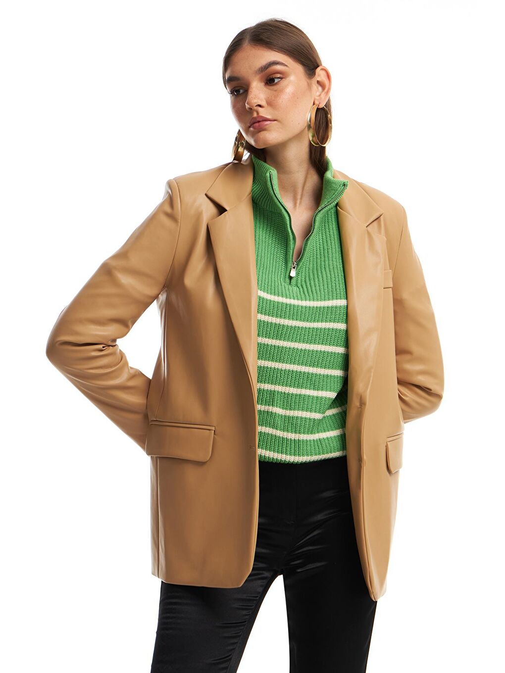 QUZU Camel-Bej Blazer Deri Ceket Camel - 3