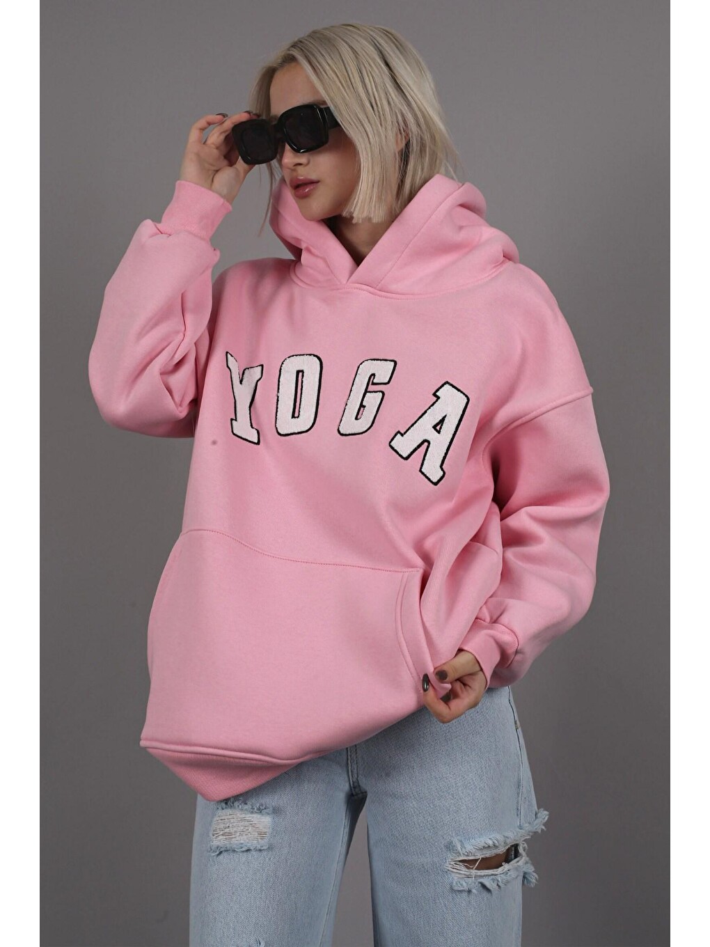 Pembe Nakışlı Oversize Kapüşonlu Sweatshirt Mg1580-1