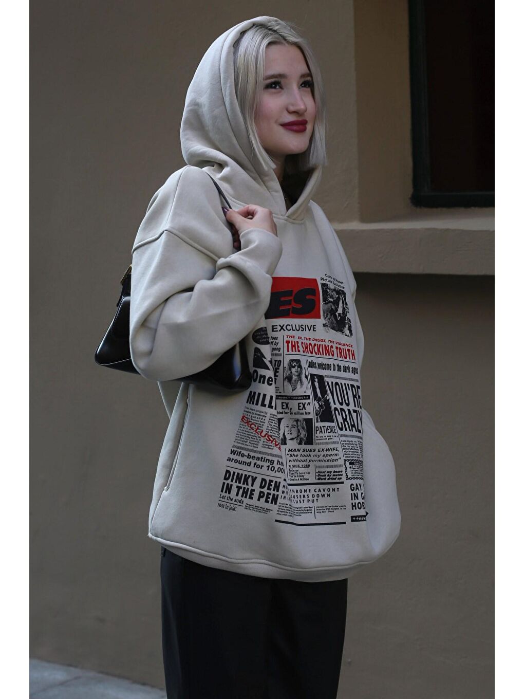 Madmext Bej Baskılı Oversize Kapüşonlu  Kadın Sweatshirt MG1581 - 4