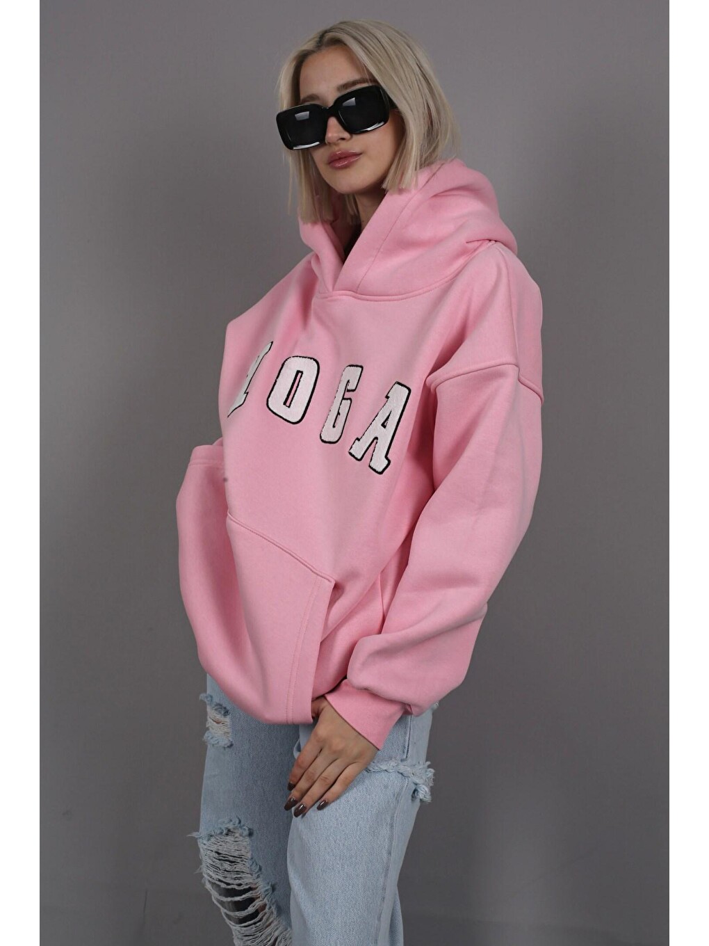 Pembe Nakışlı Oversize Kapüşonlu Sweatshirt Mg1580-2
