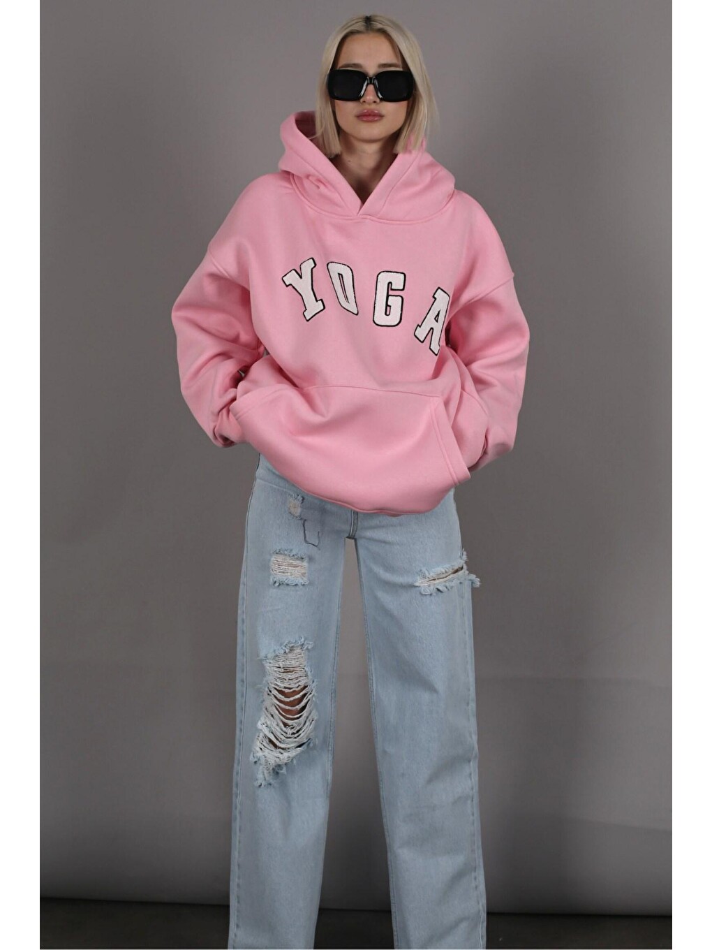 Pembe Nakışlı Oversize Kapüşonlu Sweatshirt Mg1580-3