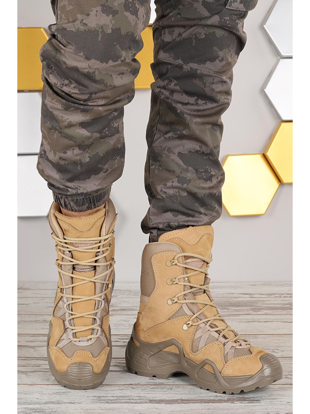 Bej P1490 Meridyen Su Geçirmez Deri Erkek Askeri Bot Ayakkabı-1