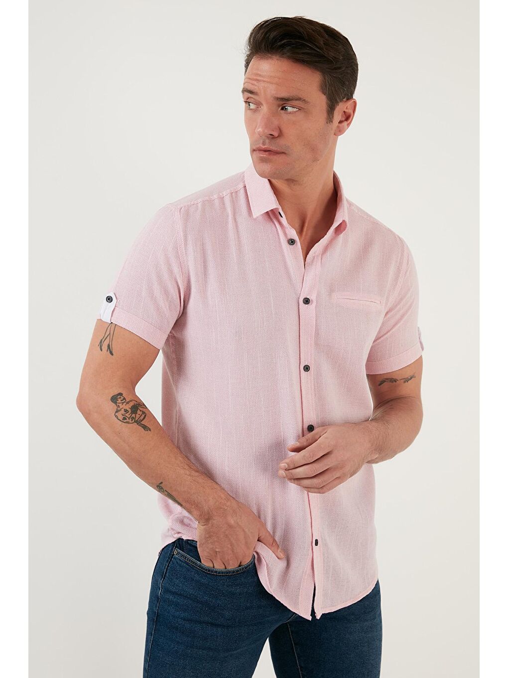 Buratti Pembe % 100 Pamuk Keten Görünümlü Slim Fit Kısa Kollu Gömlek CF21S111766 - 1