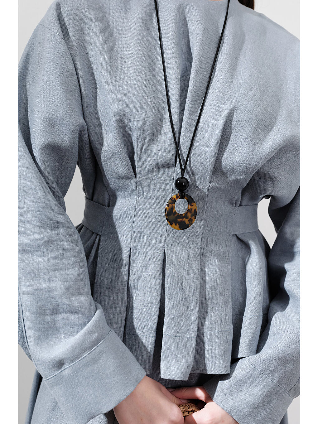 Keten Kruvaze Bağlamalı Bluz Mavi-2