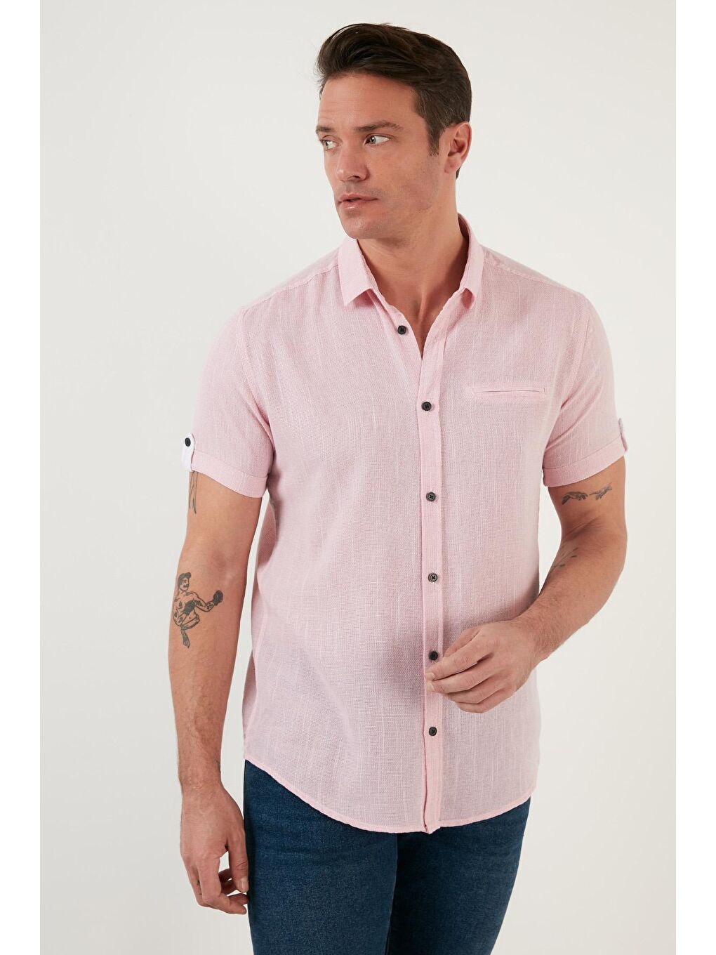 Buratti Pembe % 100 Pamuk Keten Görünümlü Slim Fit Kısa Kollu Gömlek CF21S111766 - 3