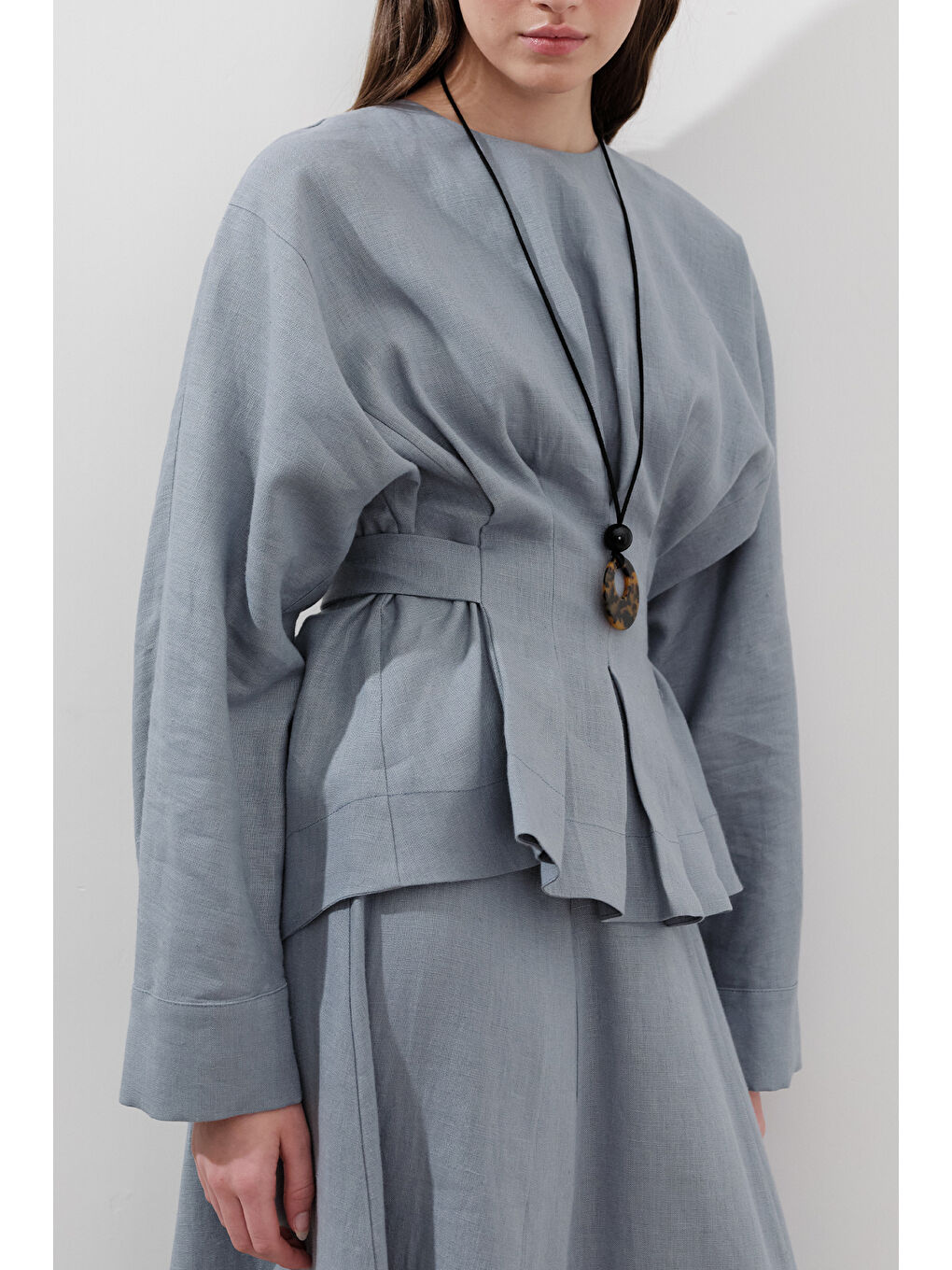 Keten Kruvaze Bağlamalı Bluz Mavi-3