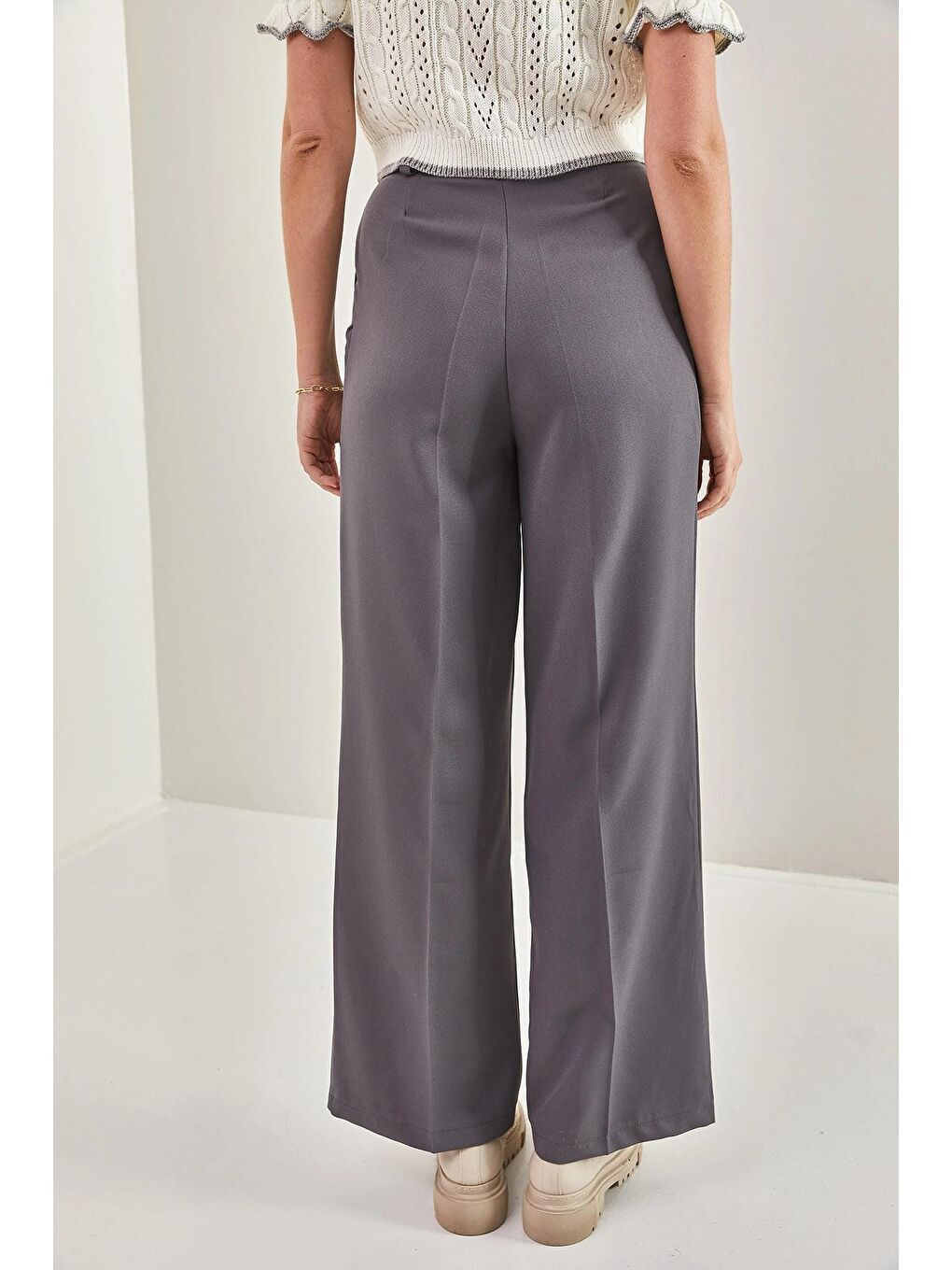 Antrasit Kadın Çift Çimalı Atlas Kumaş Palazzo Pantolon-1