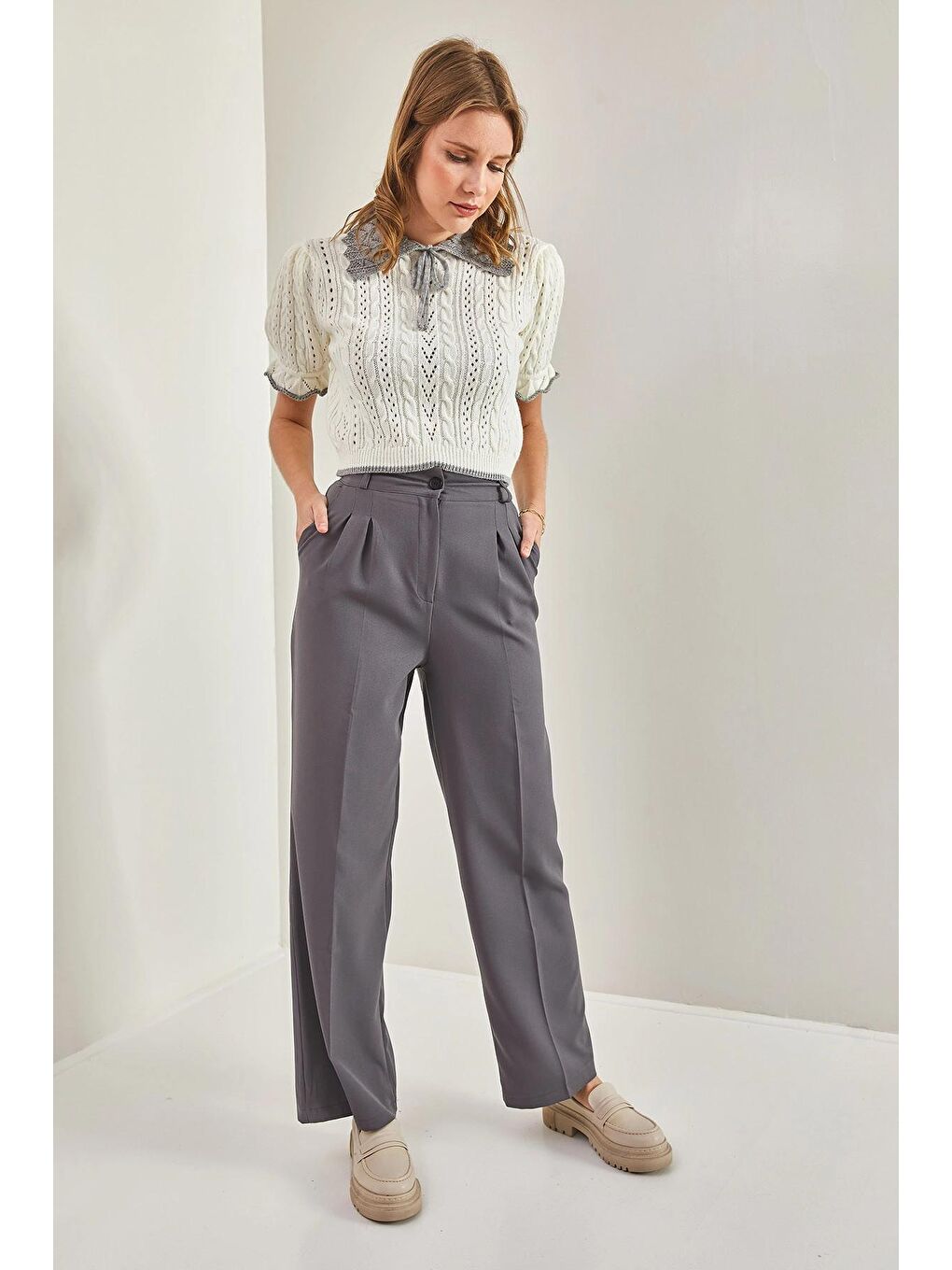 Antrasit Kadın Çift Çimalı Atlas Kumaş Palazzo Pantolon-2