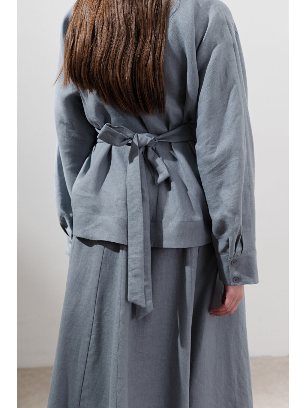 Keten Kruvaze Bağlamalı Bluz Mavi-4