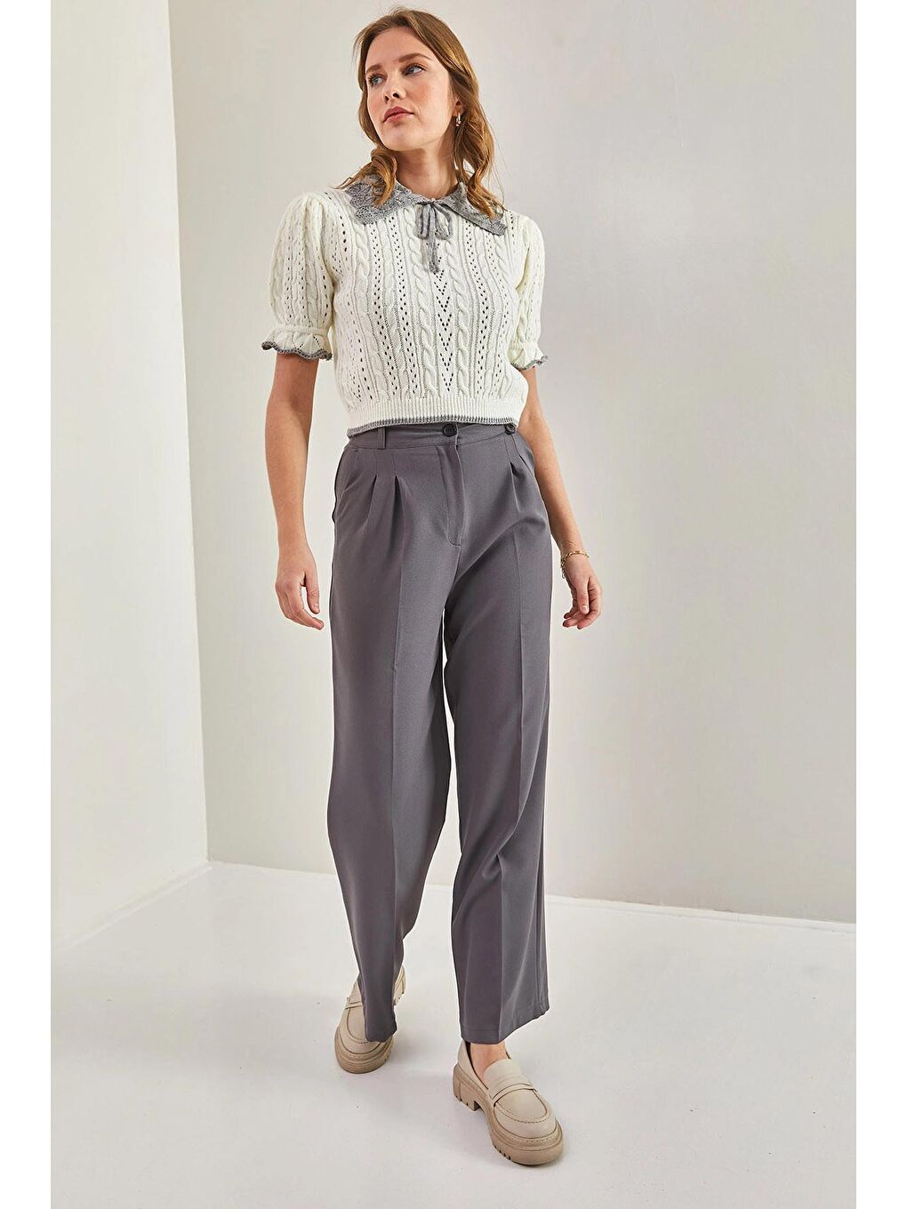 Antrasit Kadın Çift Çimalı Atlas Kumaş Palazzo Pantolon-3