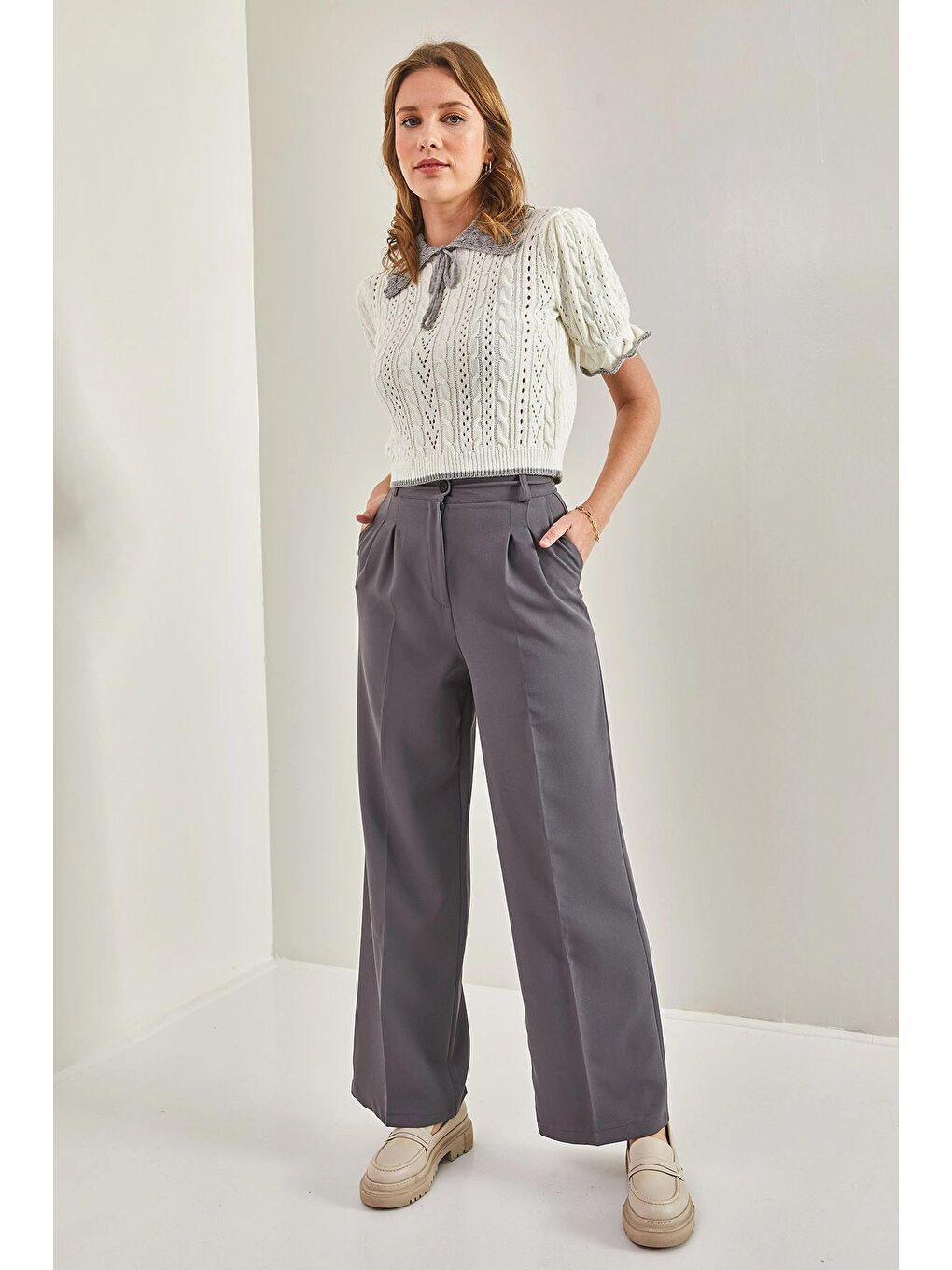 Antrasit Kadın Çift Çimalı Atlas Kumaş Palazzo Pantolon-4