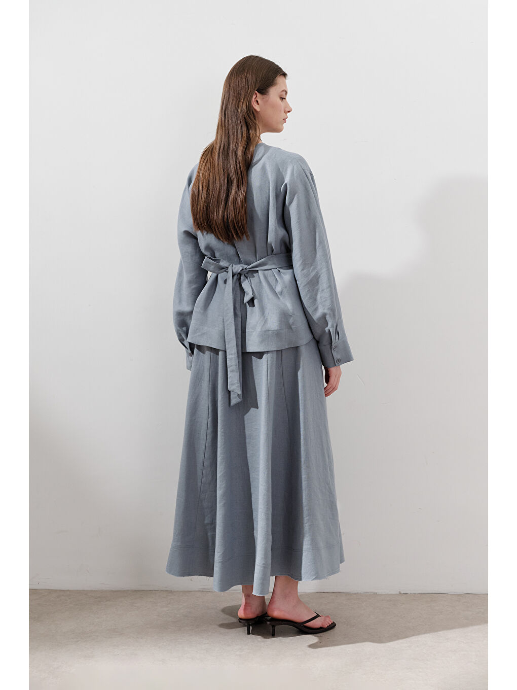 Keten Kruvaze Bağlamalı Bluz Mavi-5