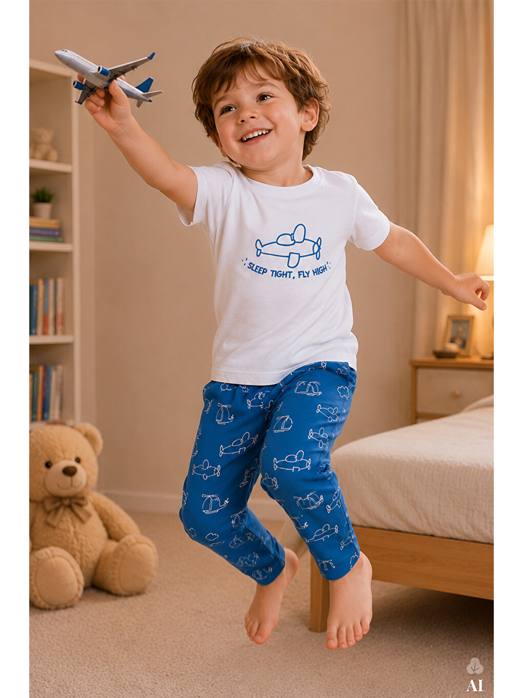 Mavi Erkek Çocuk Kısa Kollu Pamuklu Hayvan Desenli Pijama Takımı-2