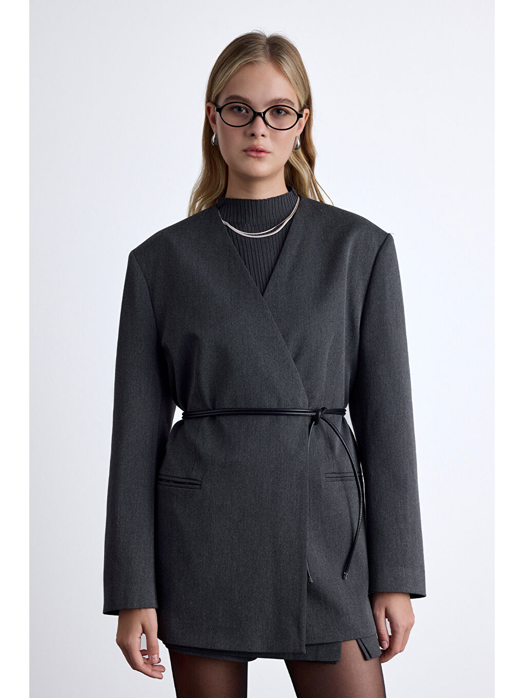 Klasik Görünüm Kemerli Blazer Ceket Antrasit-1