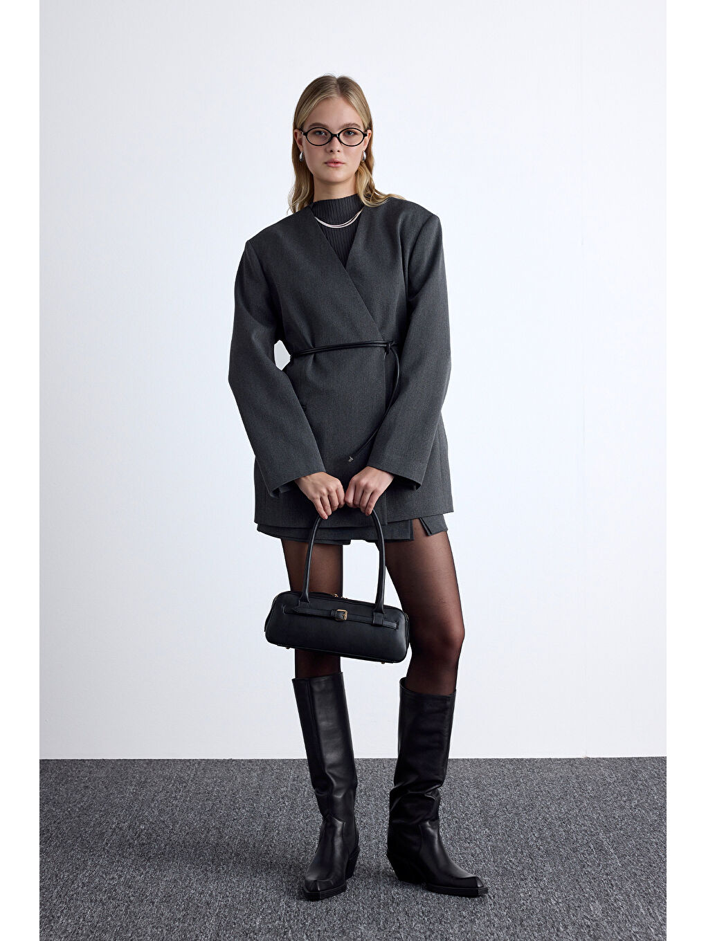 Klasik Görünüm Kemerli Blazer Ceket Antrasit-2