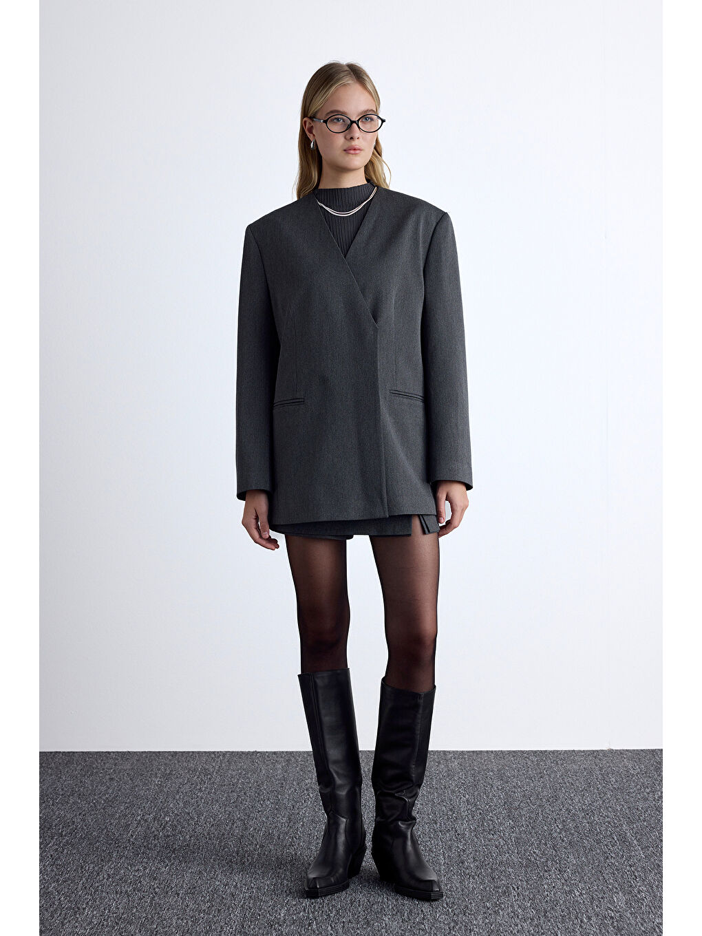 Klasik Görünüm Kemerli Blazer Ceket Antrasit-3