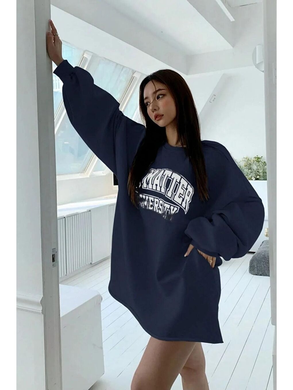 Trendseninle Lacivert Kadın Lacivert You Matter University Baskılı Oversize Sweatshirt