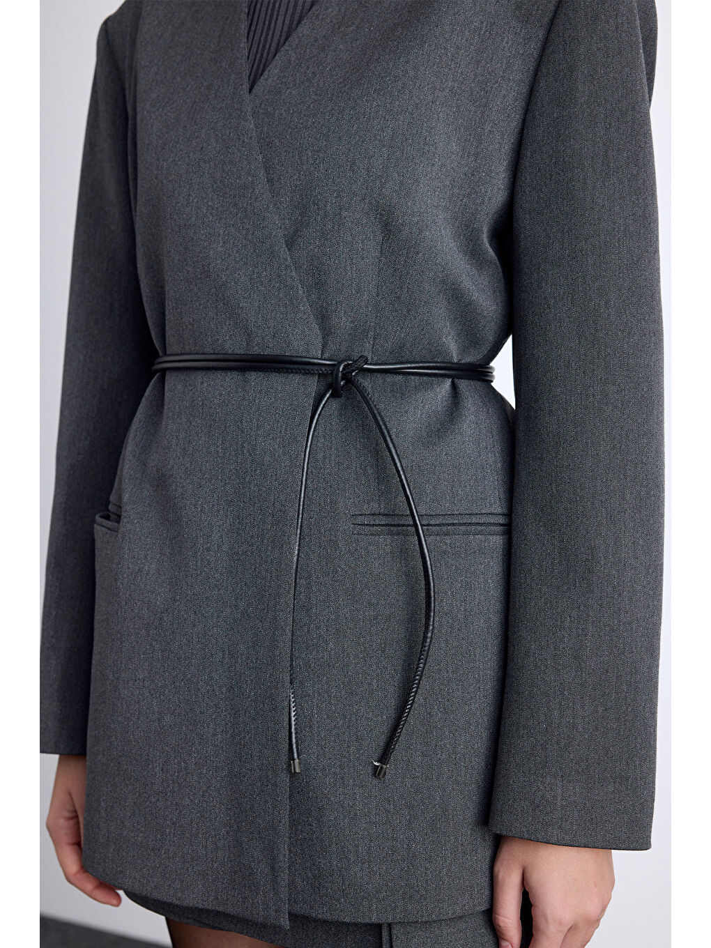 Klasik Görünüm Kemerli Blazer Ceket Antrasit-4