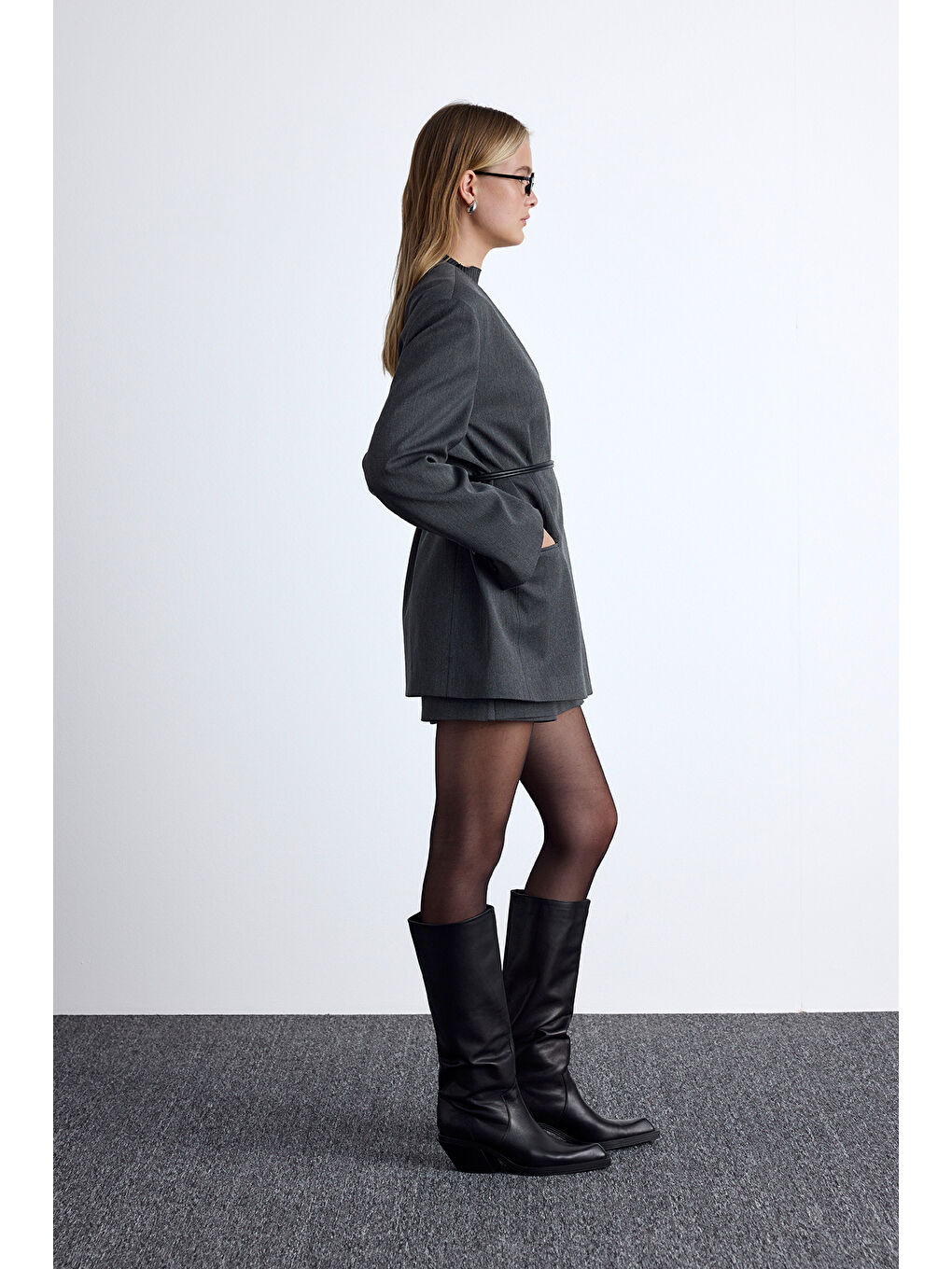 Klasik Görünüm Kemerli Blazer Ceket Antrasit-6