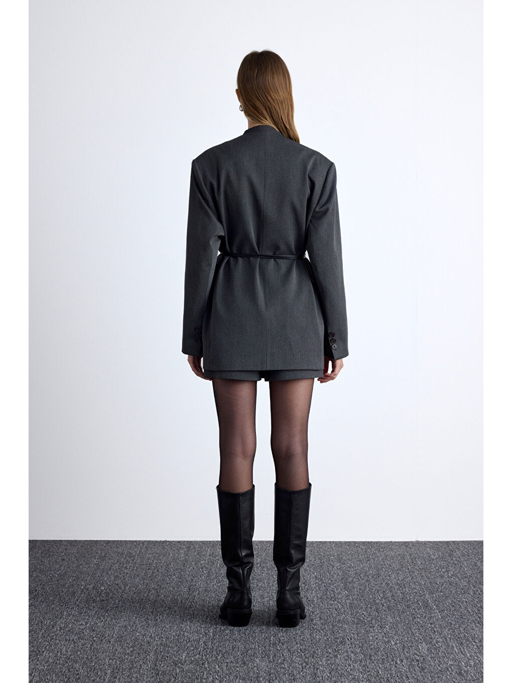 Klasik Görünüm Kemerli Blazer Ceket Antrasit-7