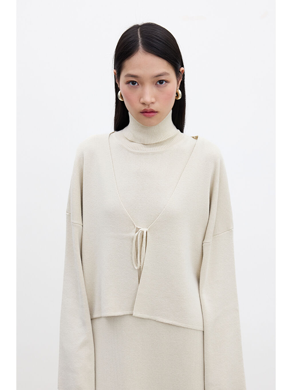 Bağcıklı Triko Hırka Bej