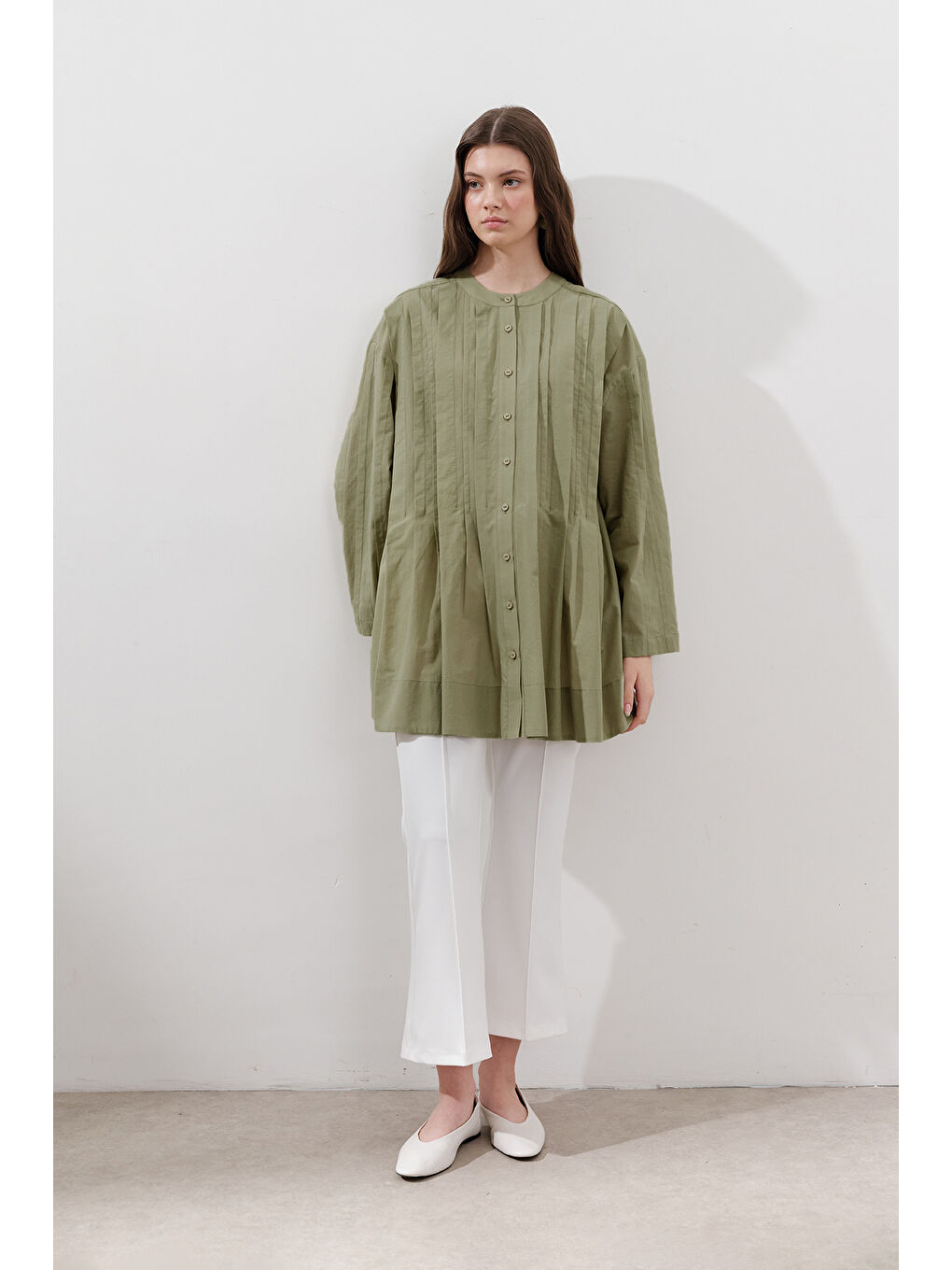 Yeşil Nervürlü Geniş Kollu Tunik Çağla-3