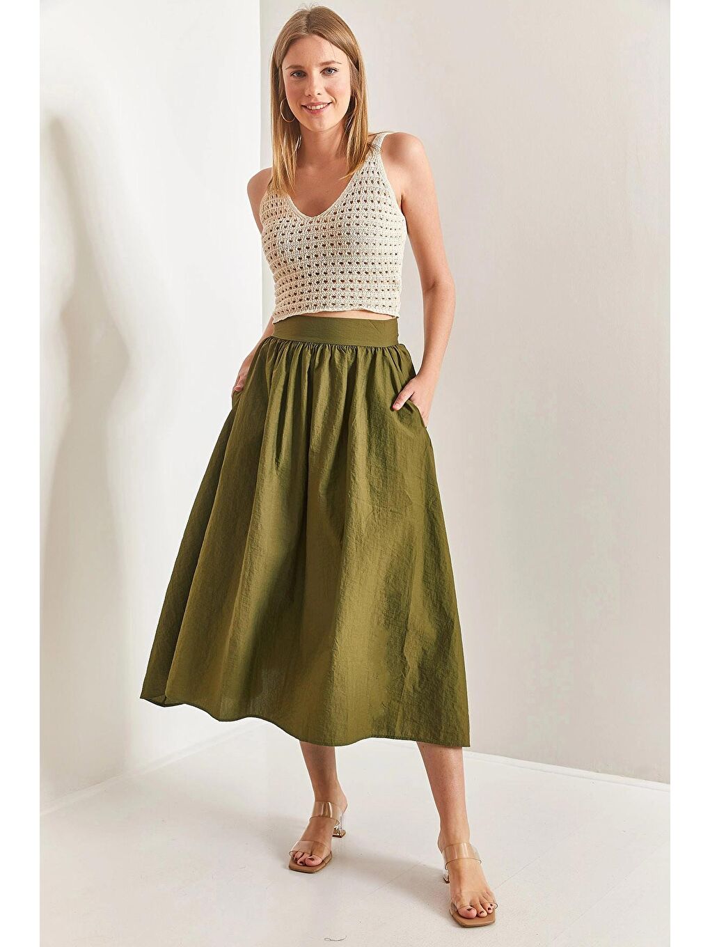 Haki Kadın Paraşüt Kumaş Kloş Etek