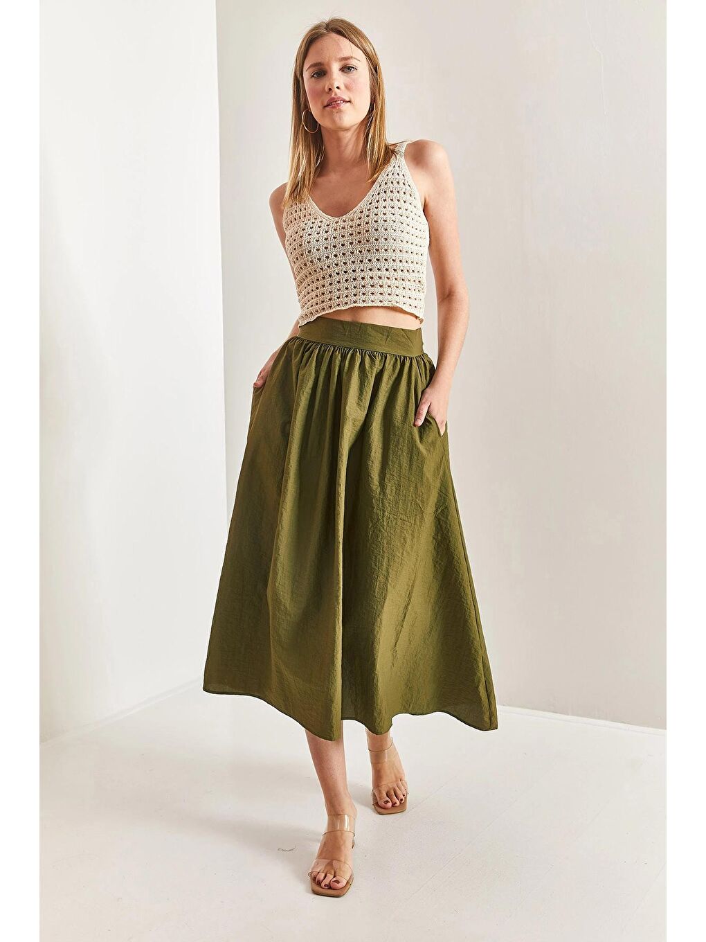 Haki Kadın Paraşüt Kumaş Kloş Etek-2