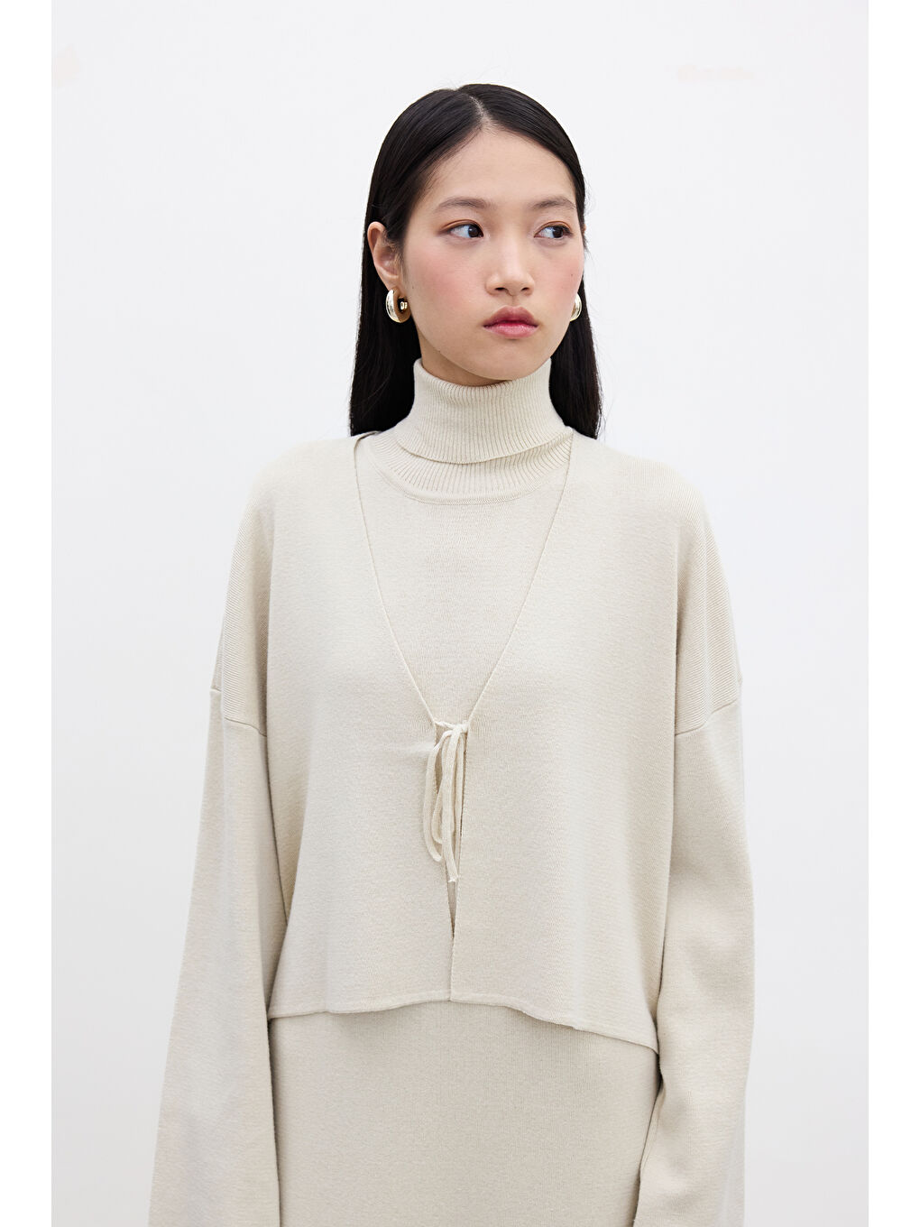 Bağcıklı Triko Hırka Bej-1