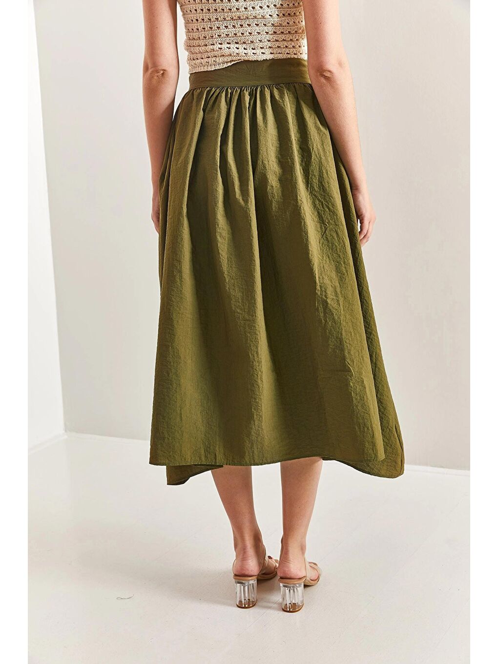 Haki Kadın Paraşüt Kumaş Kloş Etek-4