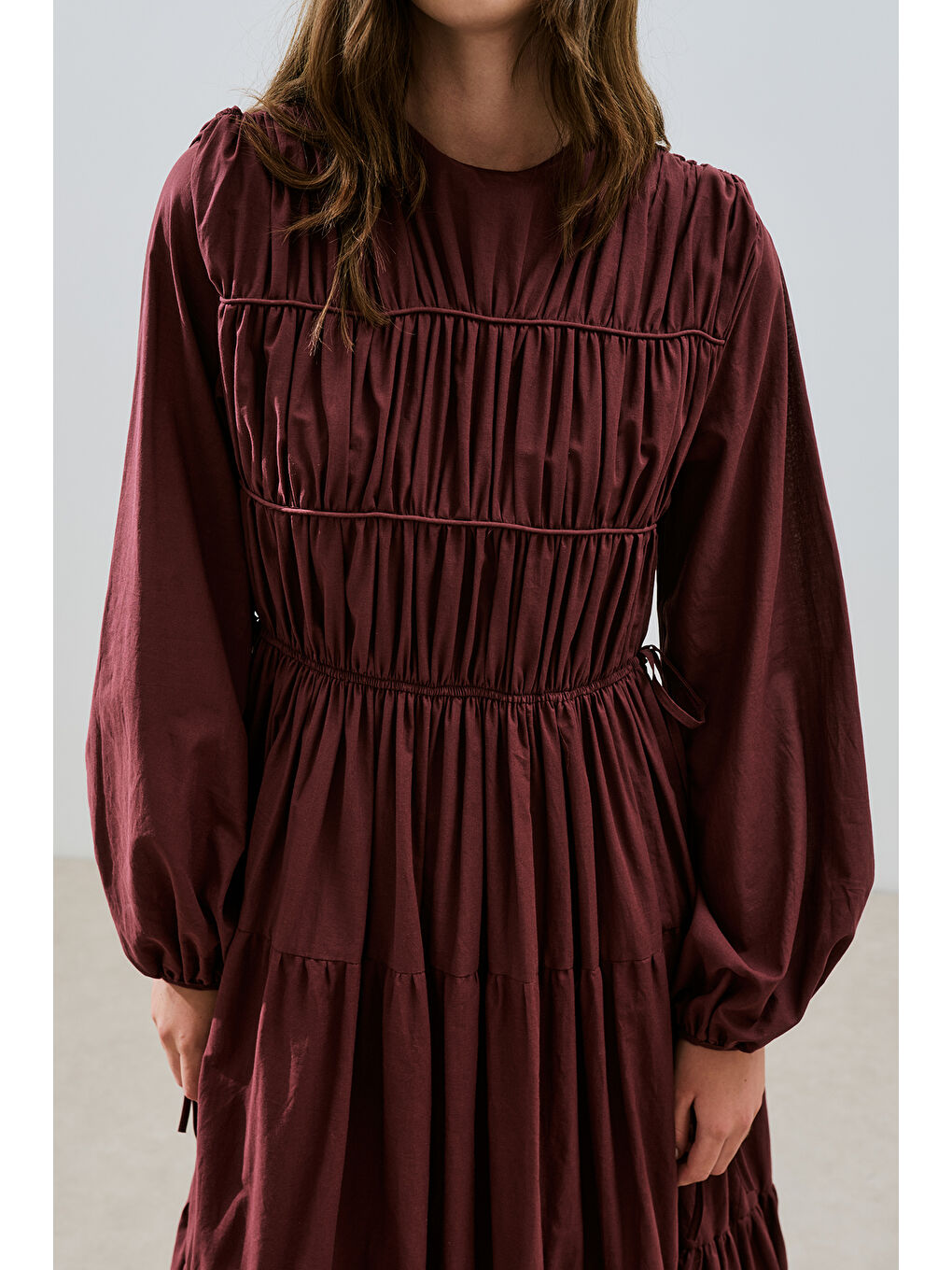Büzgülü Uzun Kol Elbise Bordo-1