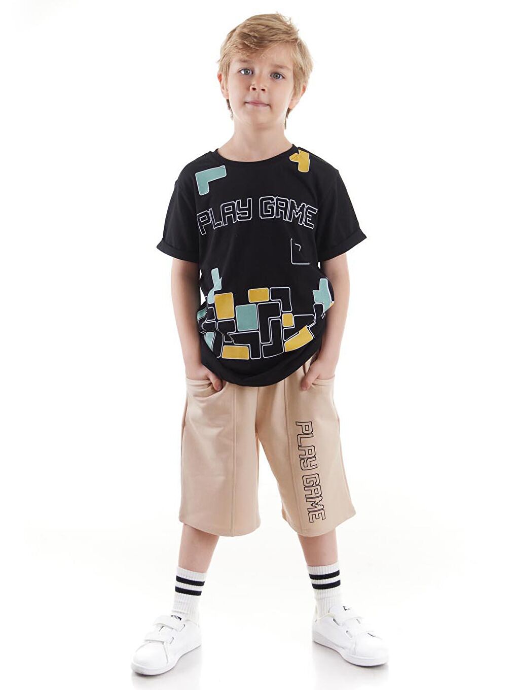 Siyah Erkek Çocuk Takım Play Game Baskılı Kaprili Alt Üst Takım Trend Pamuklu Ak2519