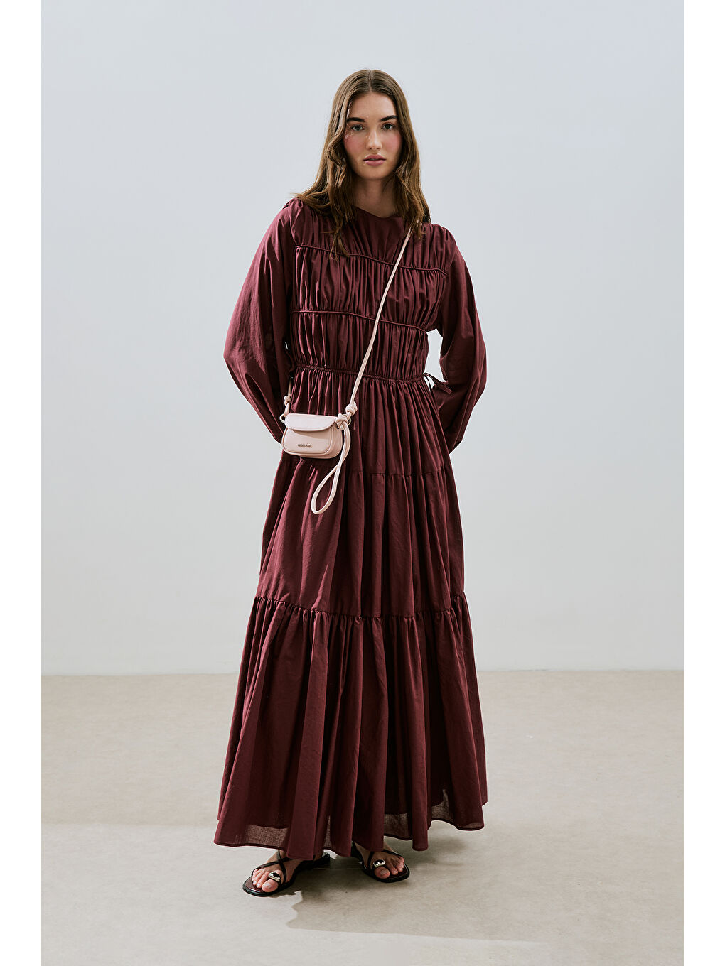 Büzgülü Uzun Kol Elbise Bordo-2