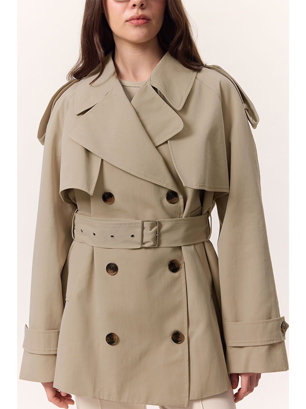 Bej Kruvaze Kesim Kısa Trençkot Kum-5