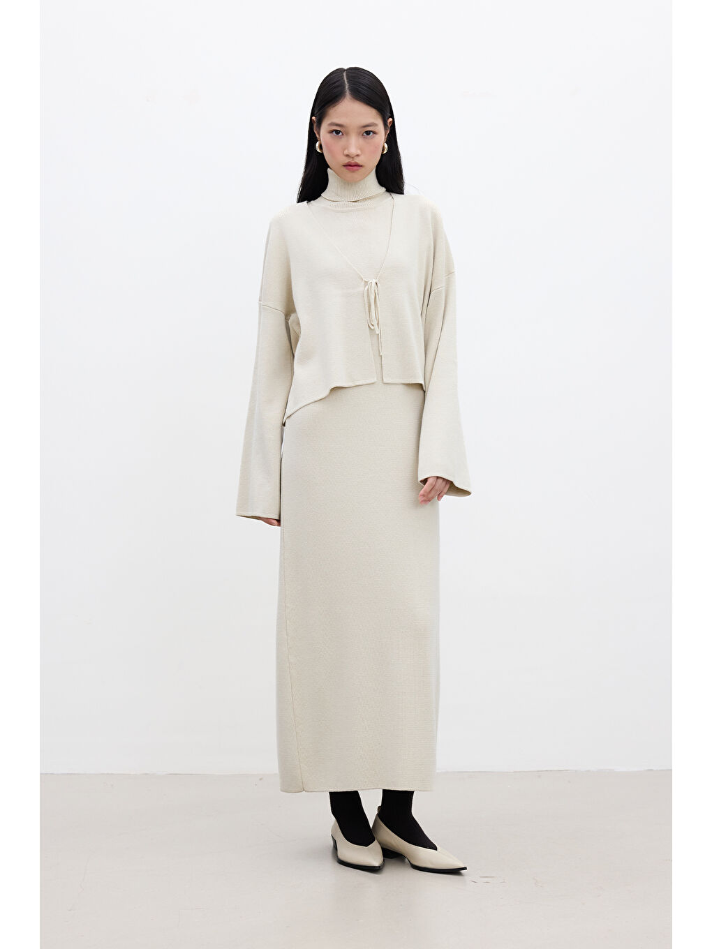 Bağcıklı Triko Hırka Bej-3