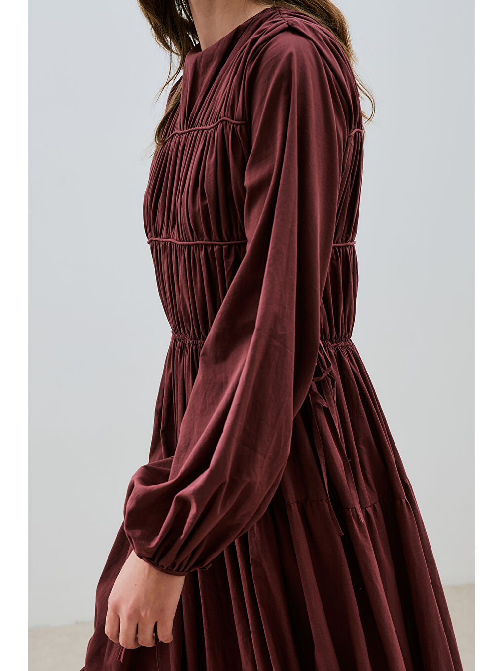 Büzgülü Uzun Kol Elbise Bordo-3