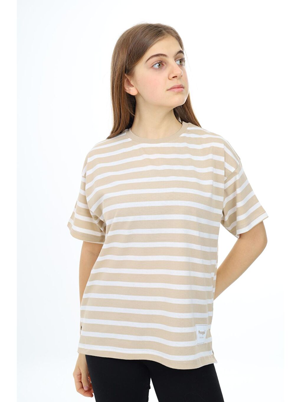 Ekru Kız Çocuk Çizgi Desenli T-Shirt 9-14 Yaş Lx999