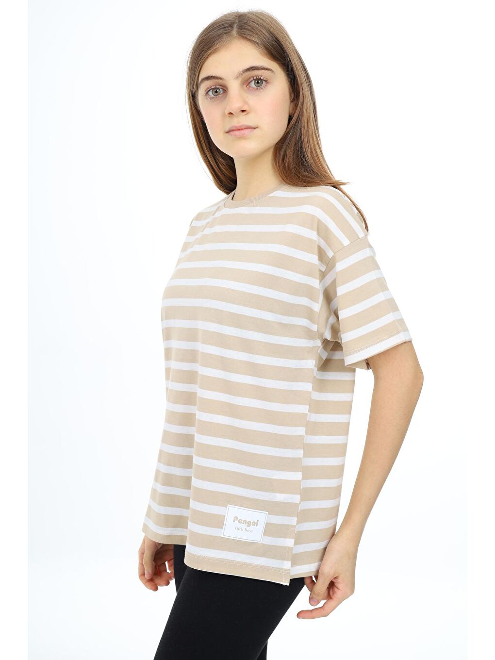 Ekru Kız Çocuk Çizgi Desenli T-Shirt 9-14 Yaş Lx999-2