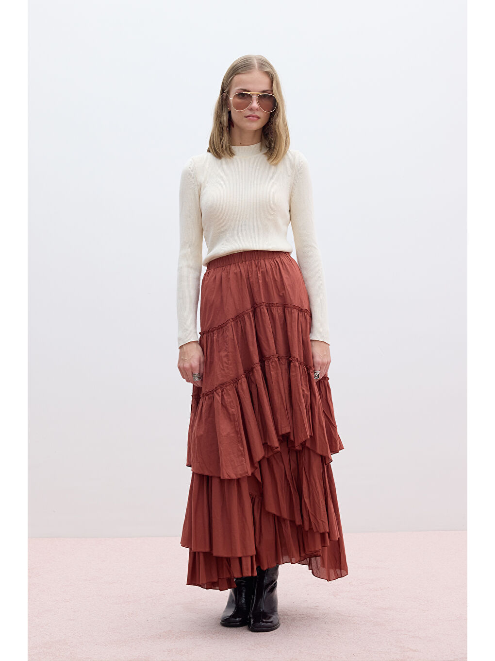 Kahverengi Katlı Boho Vual Etek Kiremit-4