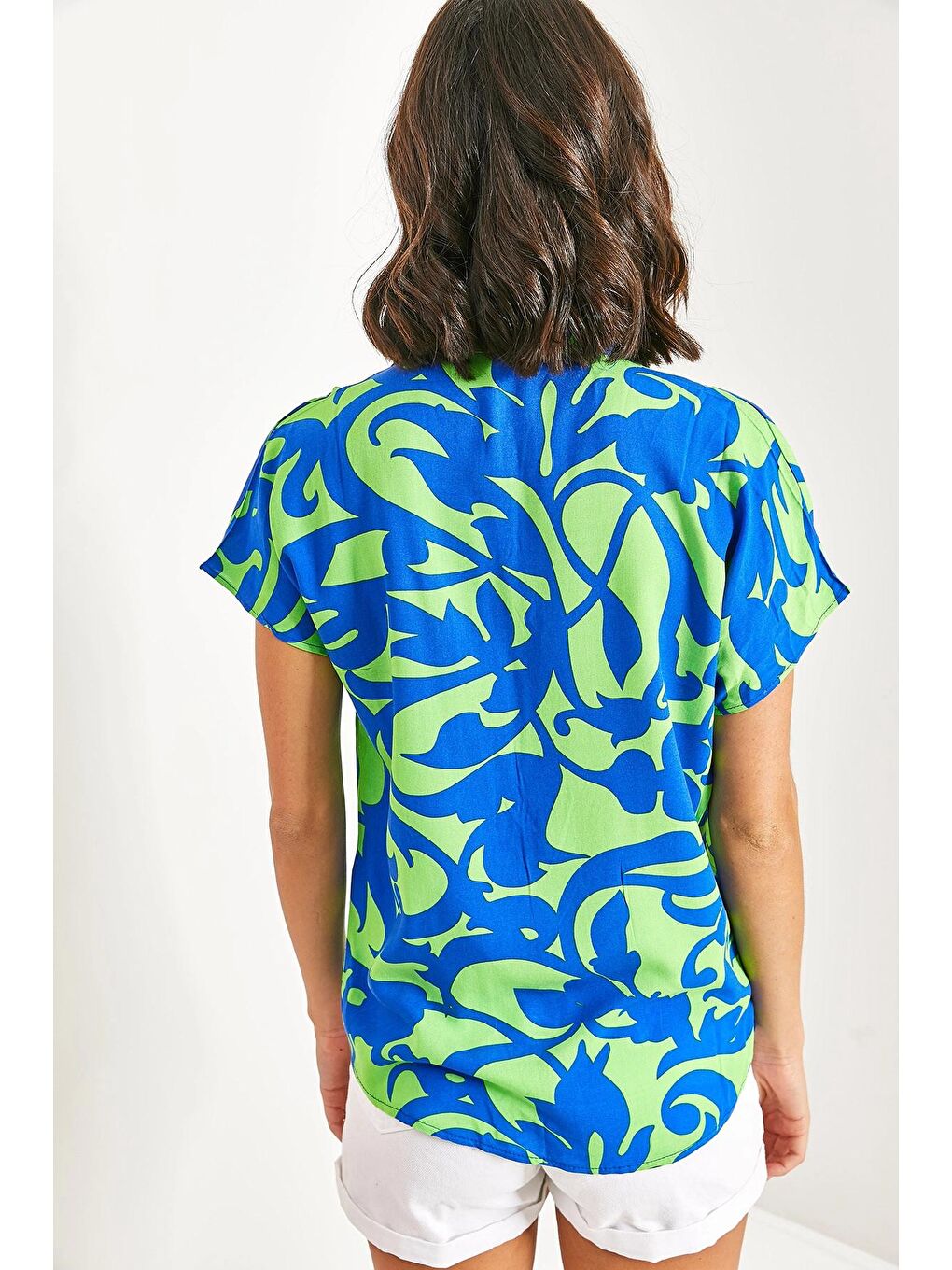 Yeşil Kadın Yarasa Kol Multi Desenli Viskon Gömlek-1